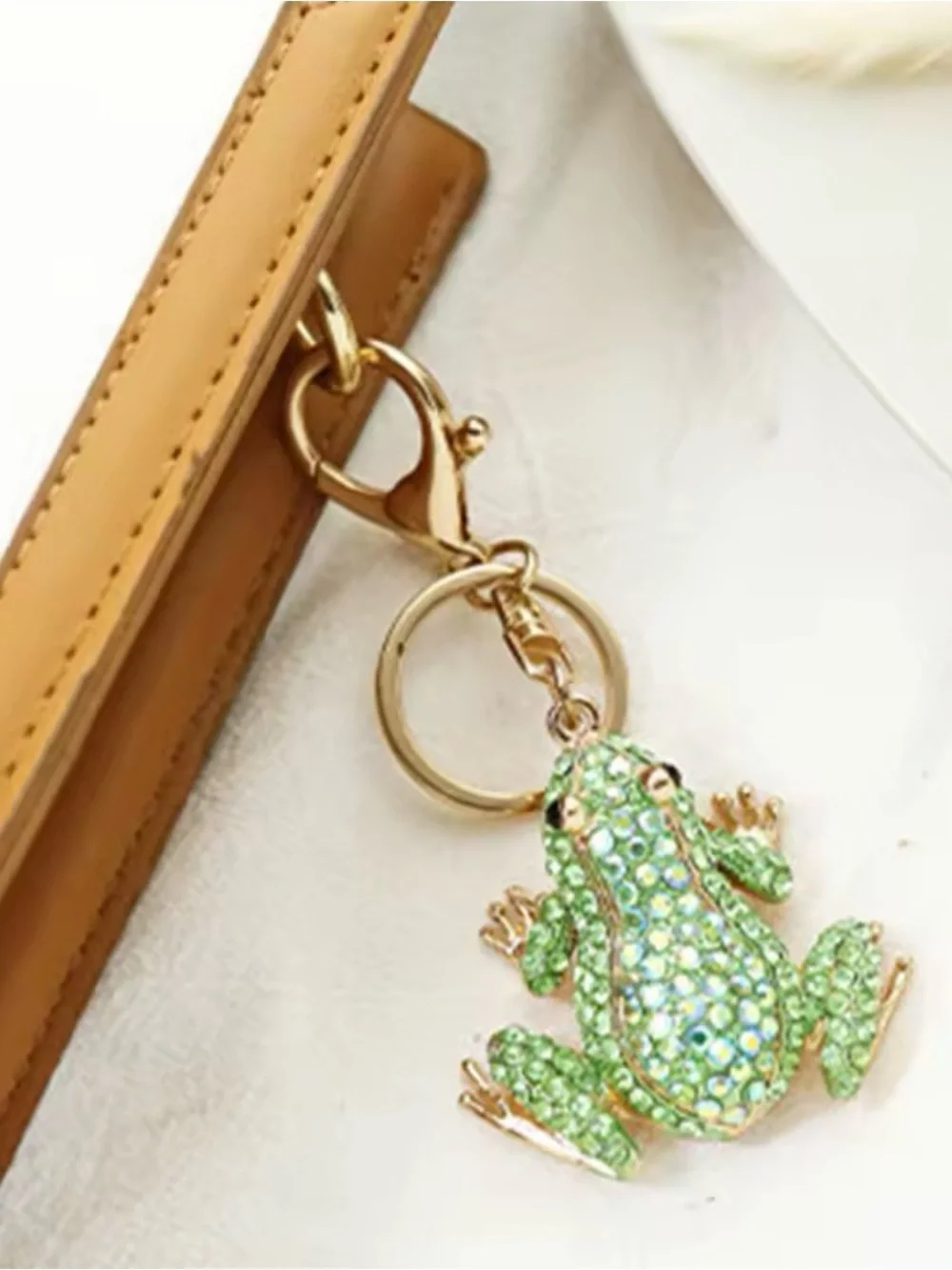 Gold-Tone Green Crystal Frog Keychain Key & Card Holder Charm
